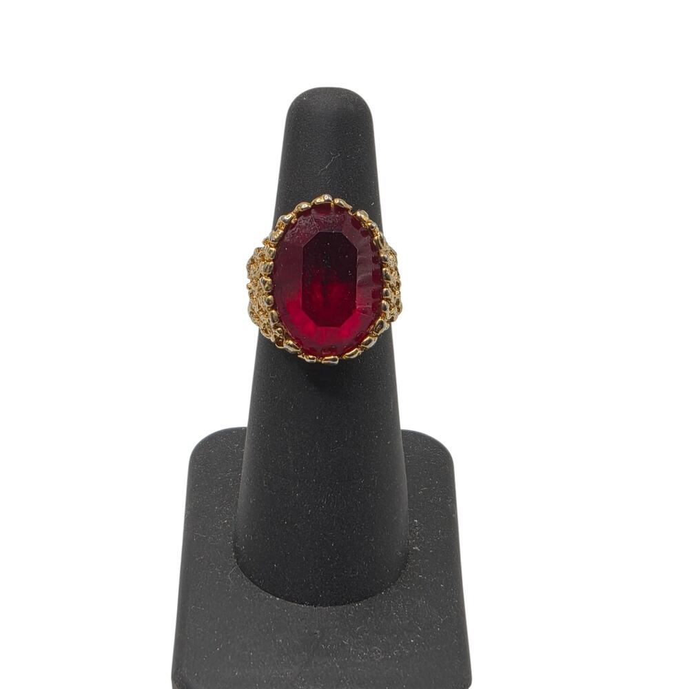 Vintage 18K HGE Ruby Red Glass Cocktail Ring Brutalist Statement